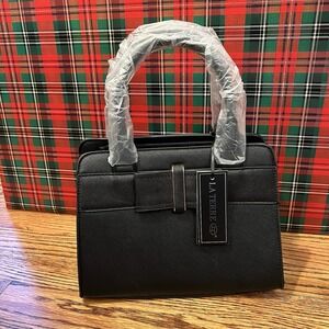La Terre Black Handbag Bow Front Detachable Crossbody Purse Strap NWT